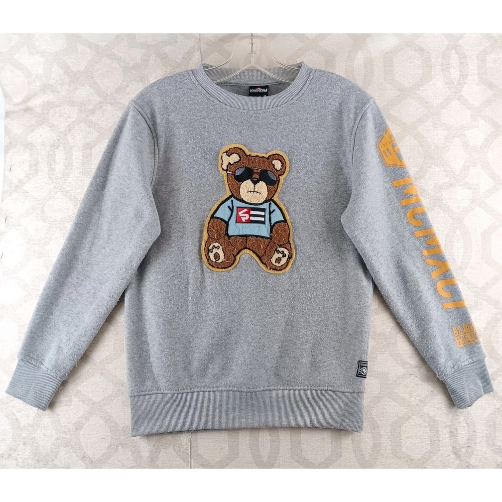 Southpole Bear Patch Boys Size M 10-12 Gray Chenille Graphic Pullover Sweatshirt